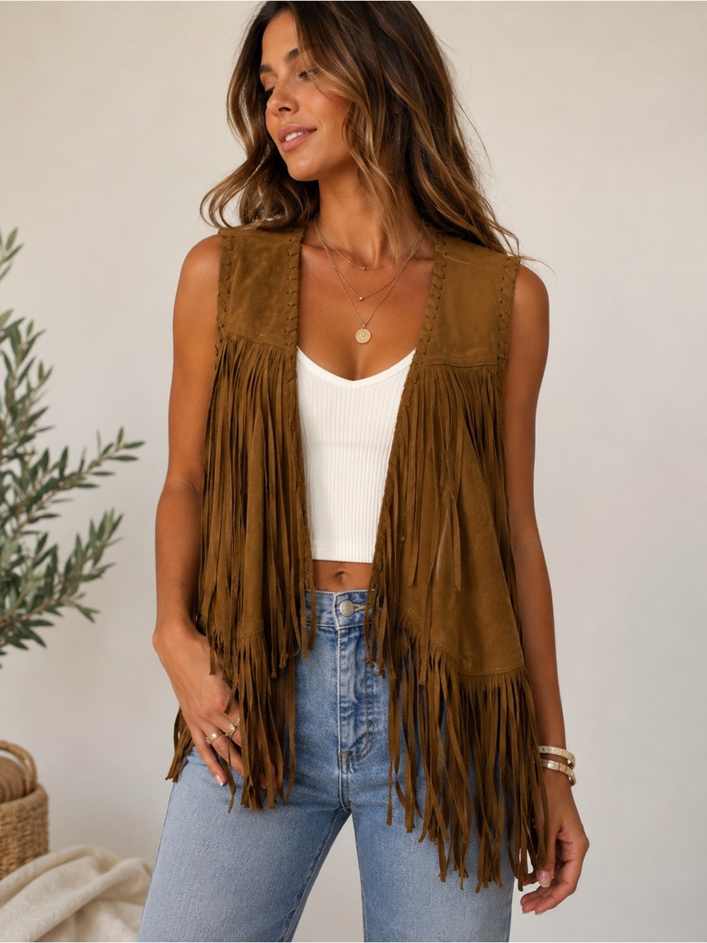 Brown Faux Suede Fringe Vest Western Boho Cowgirl Small